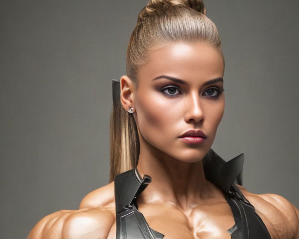 Close-up portrait of a young woman in futuristic attire