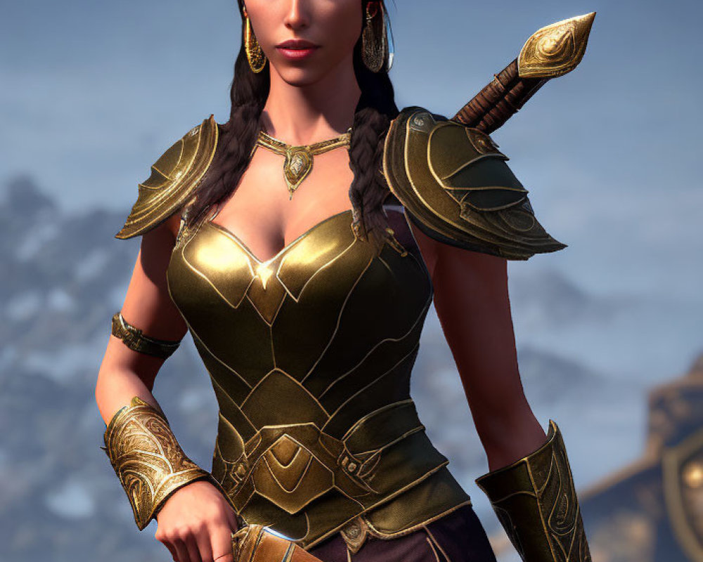 Woman in Golden Armor with Braided Dark Hair