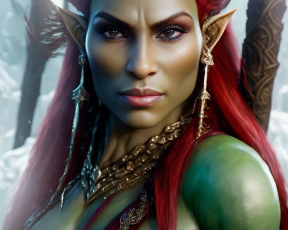 Close-up Portrait of a Powerful Female Elf Character