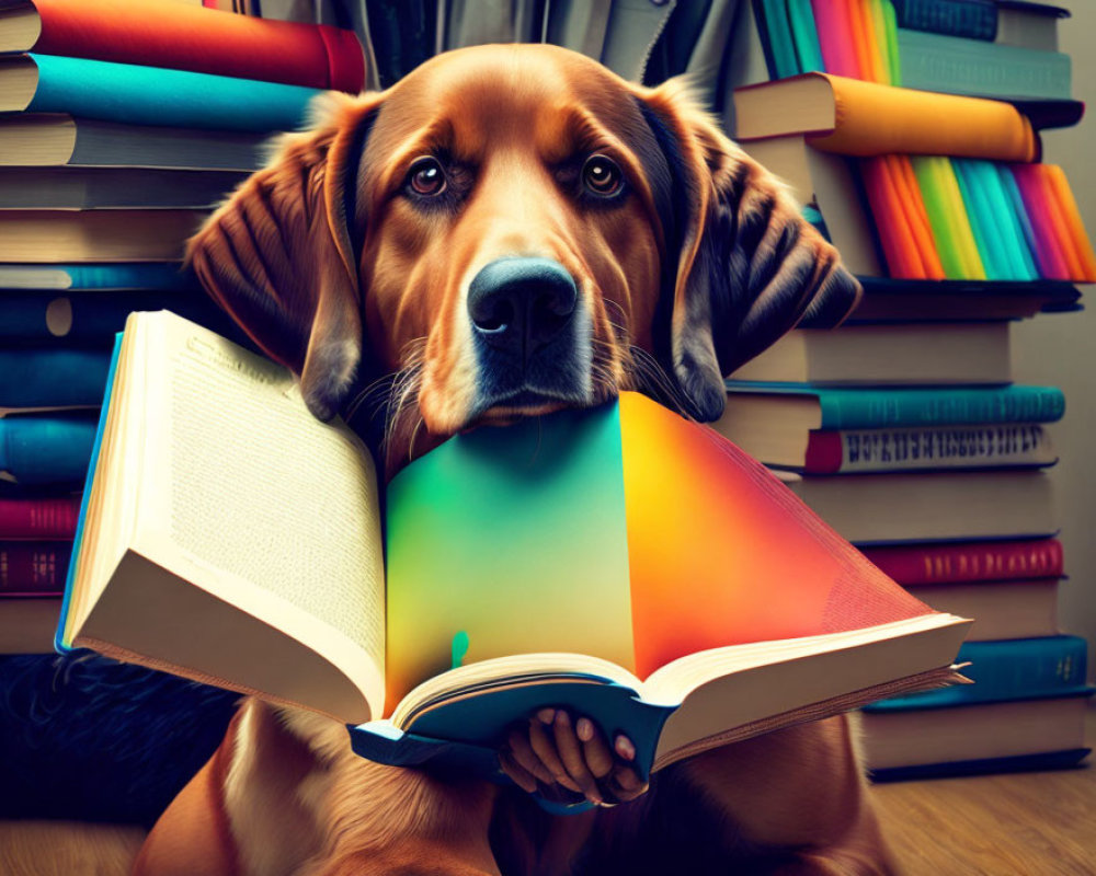 Brown Dog Holding Open Book Surrounded by Colorful Books