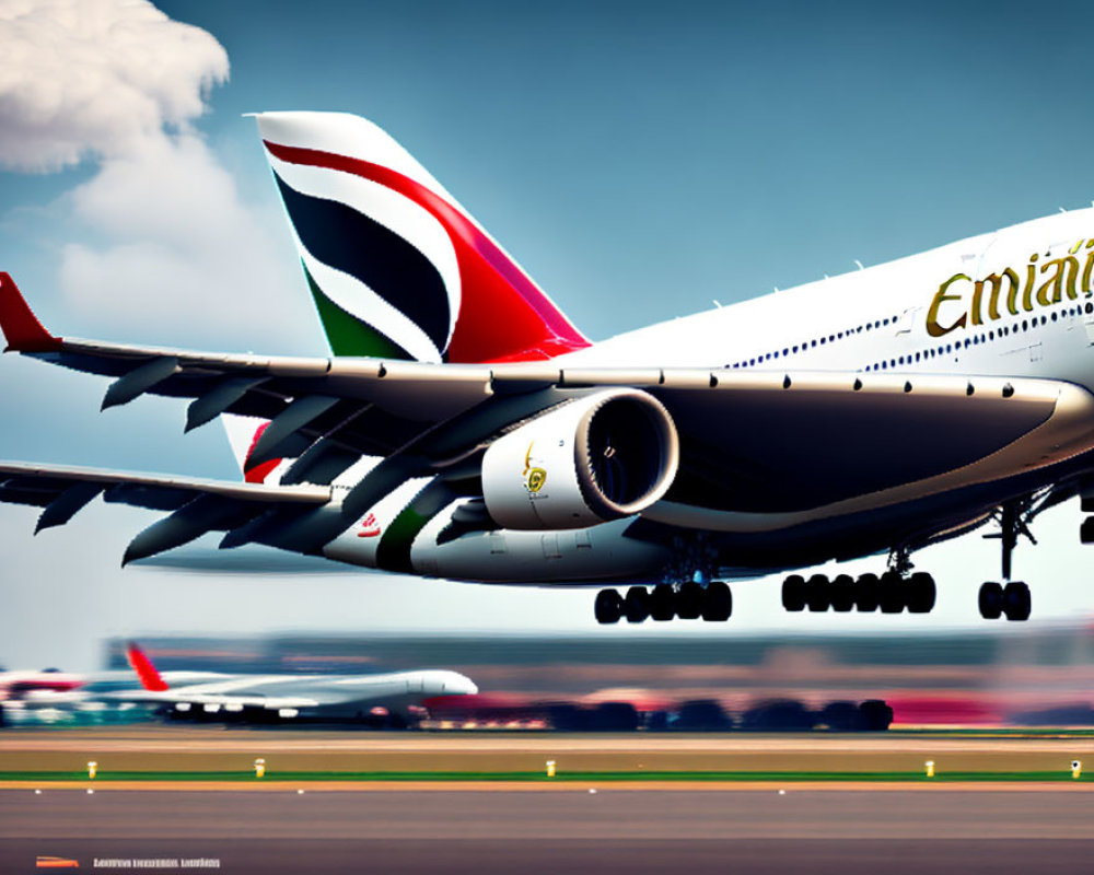 Emirates commercial airliner taking off with landing gear deployed