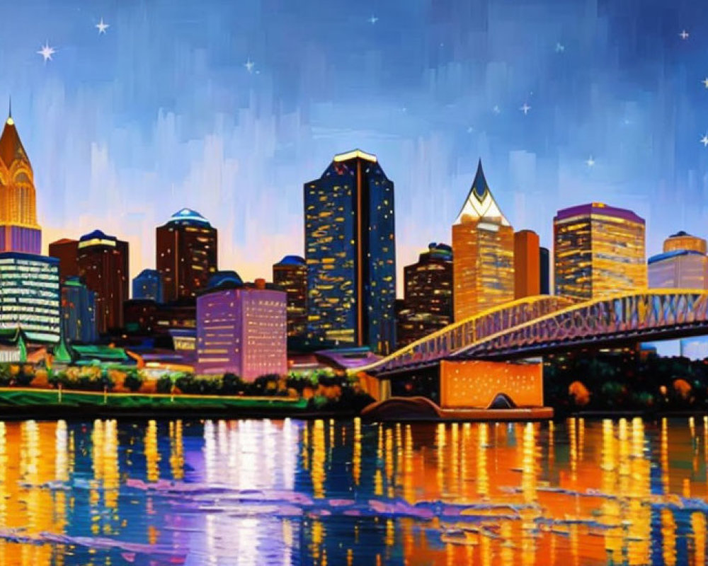 Vibrant City Skyline at Dusk with Reflections