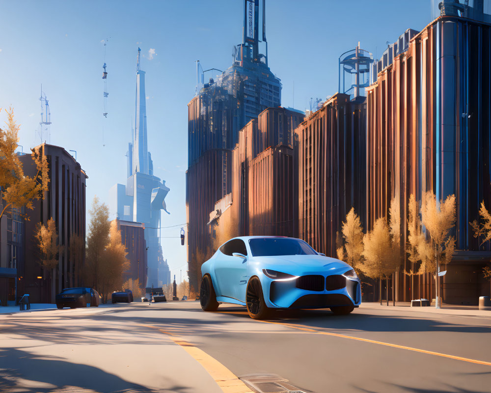 Futuristic blue sports car on empty city street with high-rise buildings and autumn trees