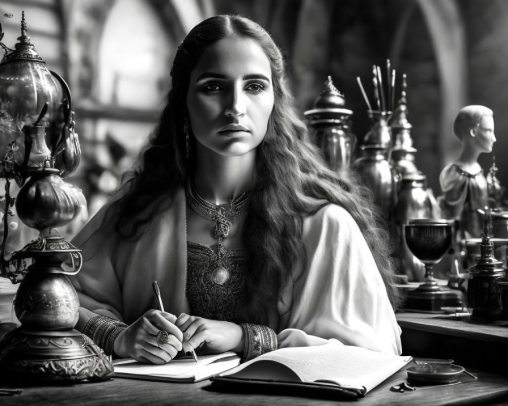 Historical woman writing at desk with inkwell in vintage room.