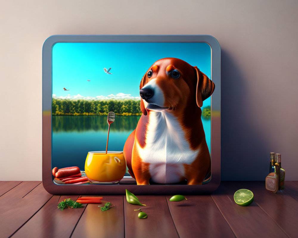 Digital artwork: Dog at lake with sandwich and drink on screen