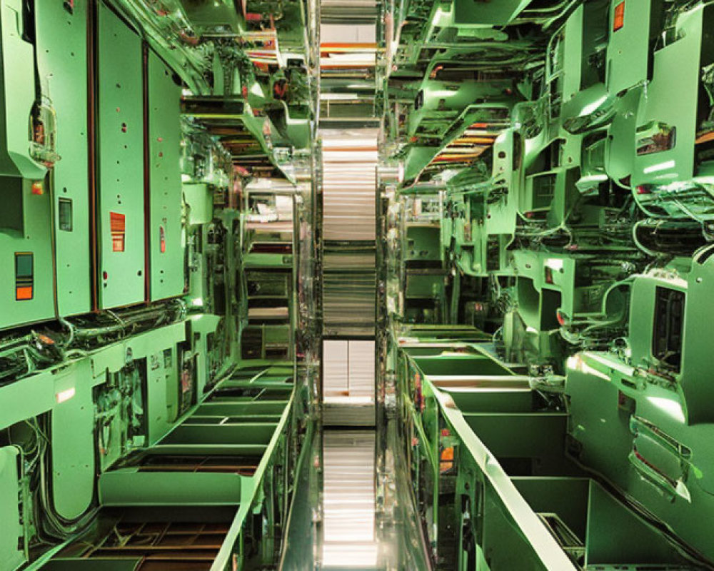 High-tech industrial interior with green walls and steel pipes