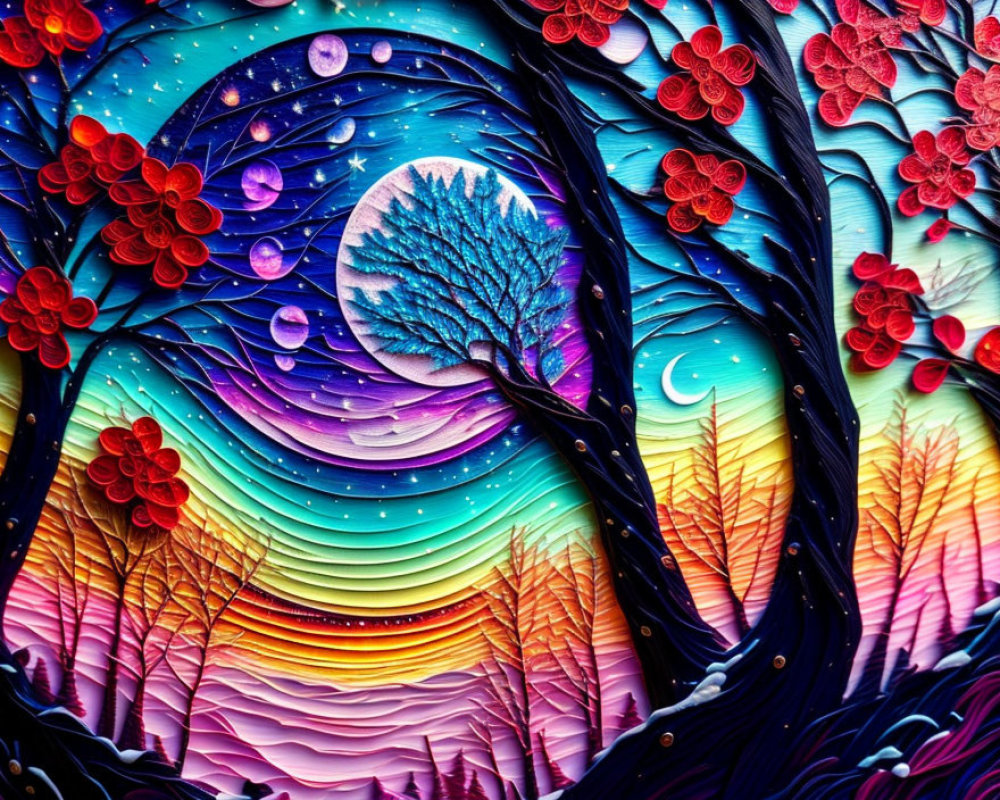 Colorful Paper Art of Whimsical Night Scene with Blue Tree