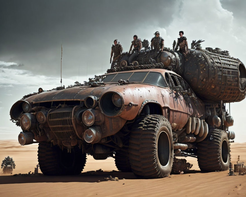Post-apocalyptic scene: people on massive, rusted vehicle in desert