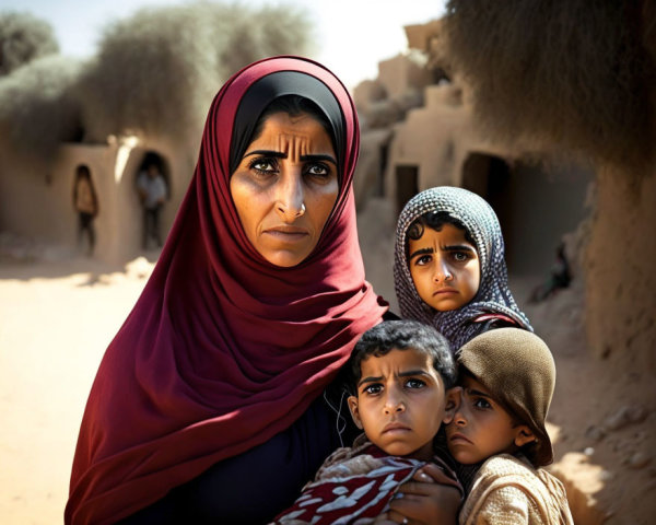 Woman in red headscarf with somber expression, accompanied by two children in dusty setting