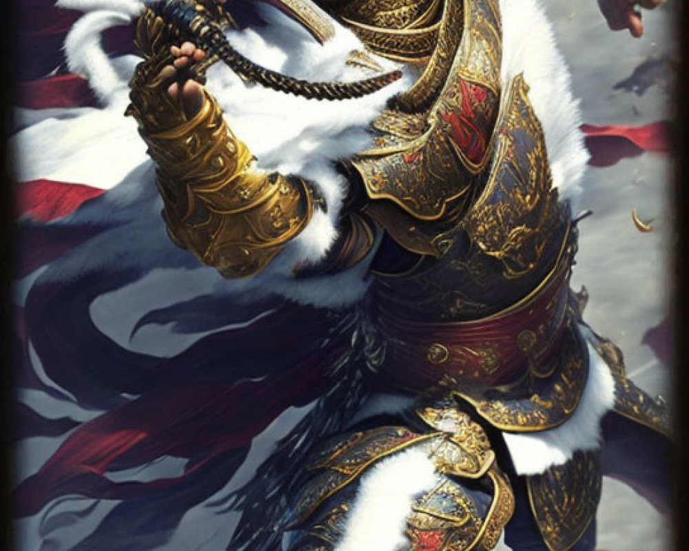 Warrior with topknot in ornate armor wields bow in battle