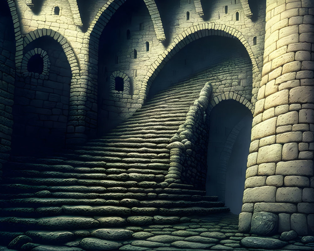 Medieval Castle Courtyard with Stone Staircase Details