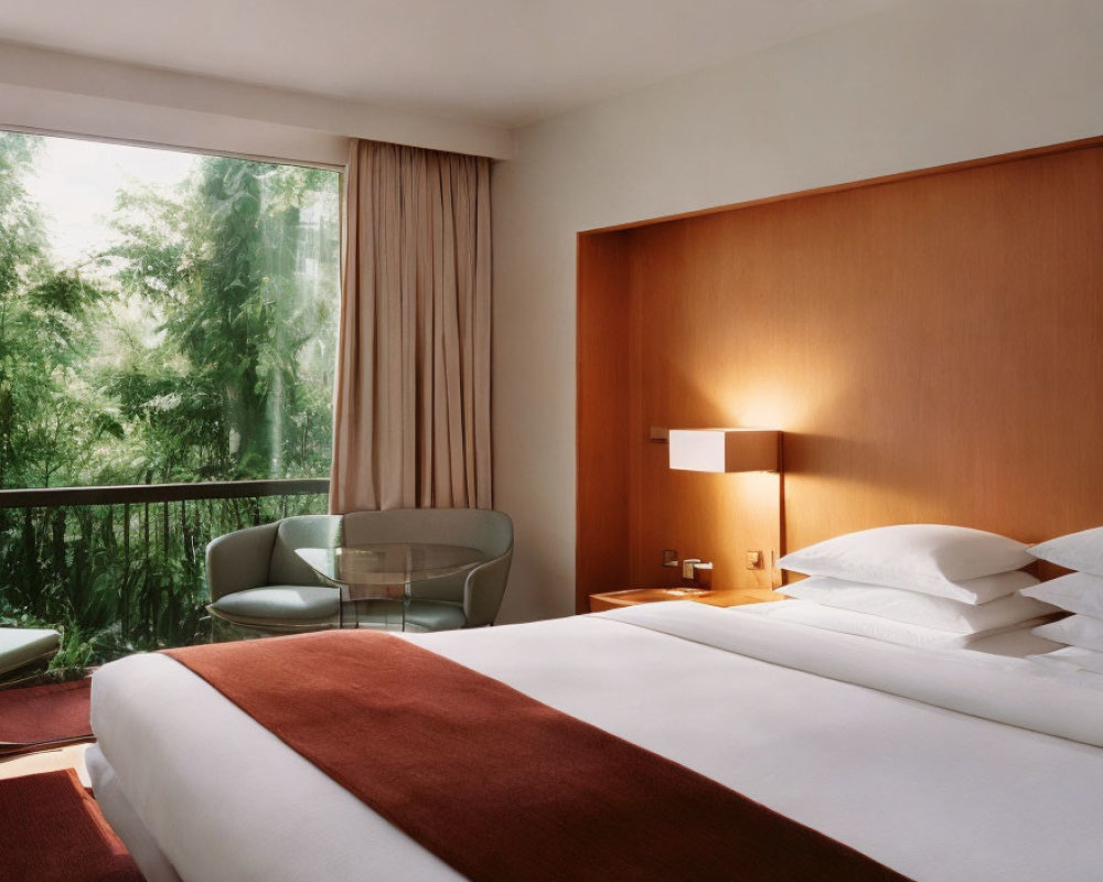 Modern Hotel Room with Large Bed, White Linens, Wooden Walls, Lamp, and Greenery View