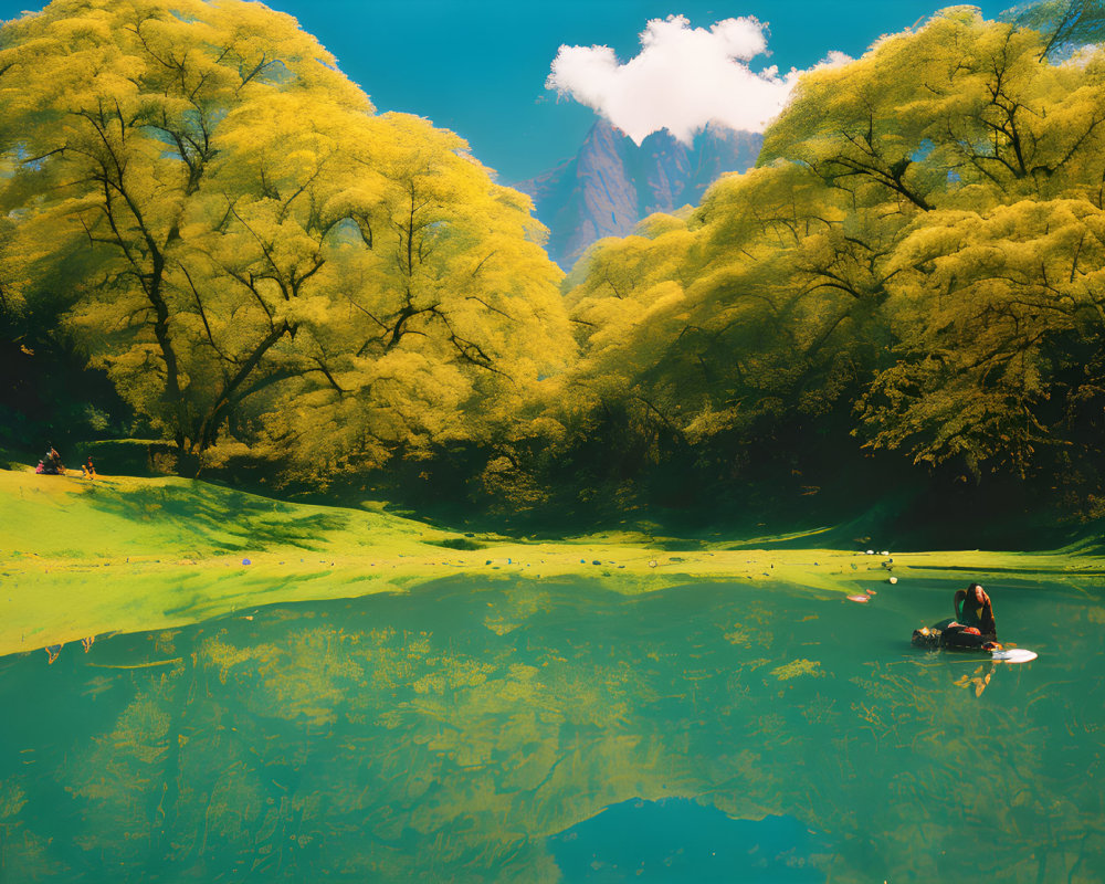 Tranquil park pond with people in boat, lush trees, vibrant sky