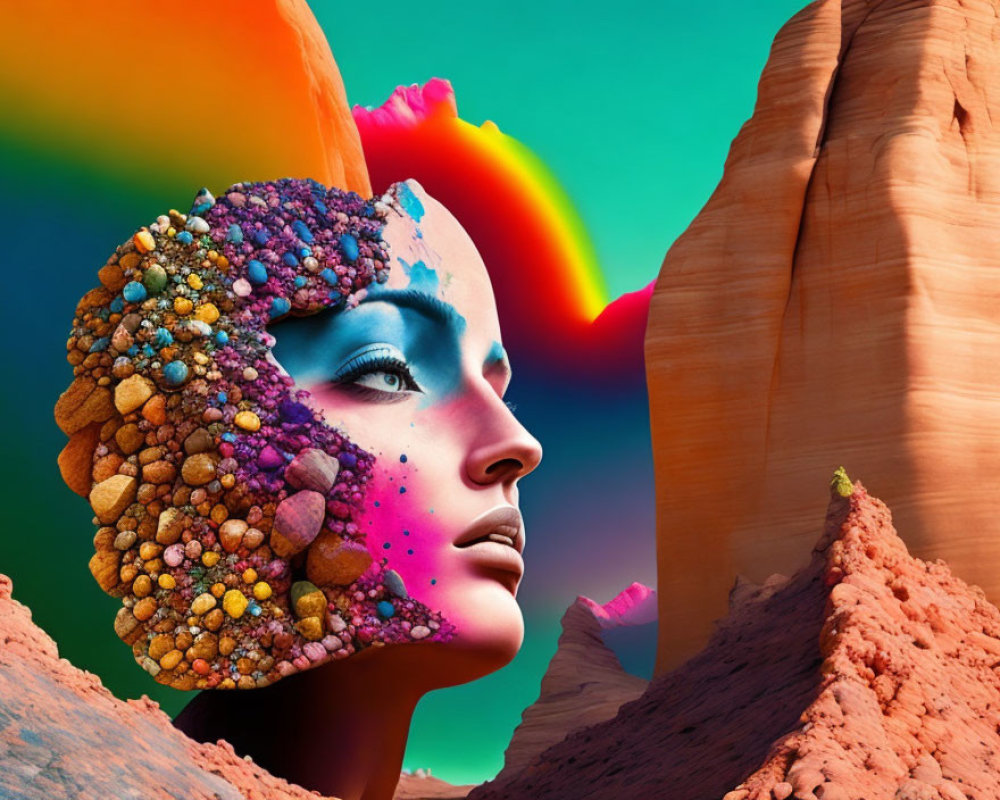 Colorful surreal portrait with textured head against desert rainbow