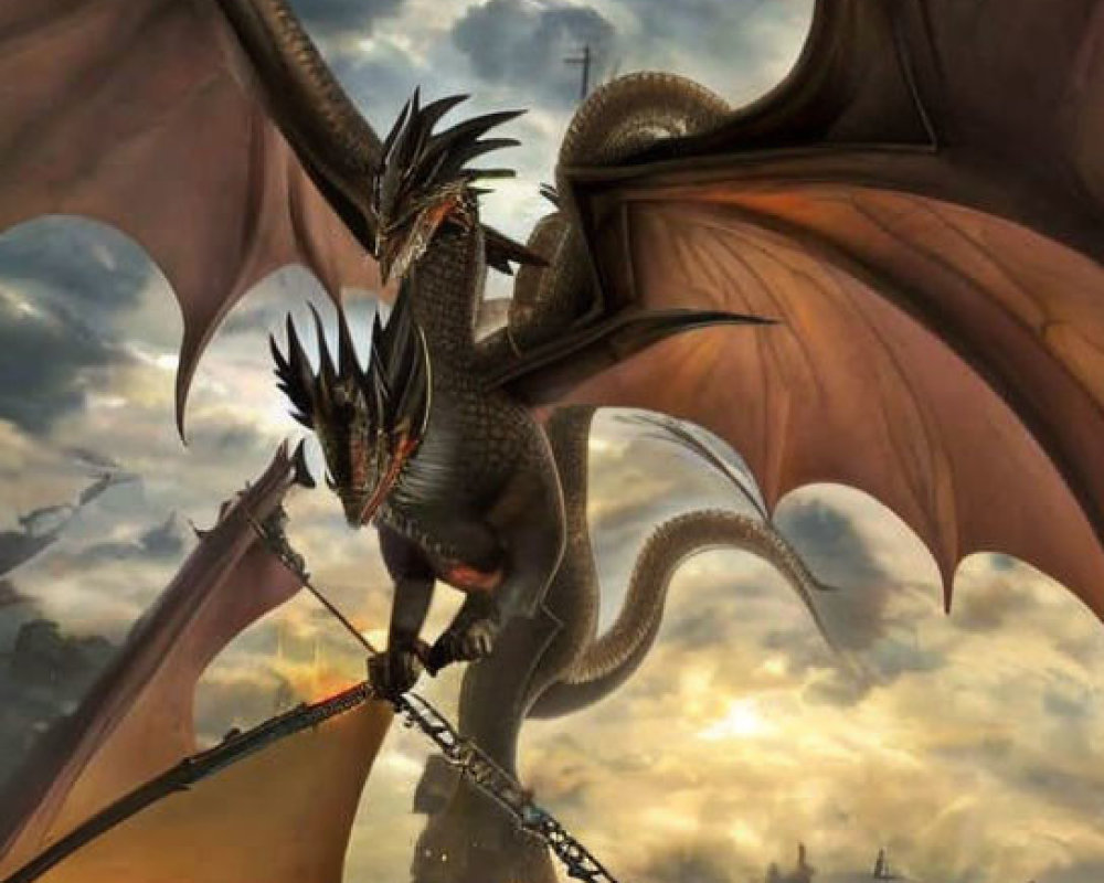 Two dragons in fantasy cityscape at dusk