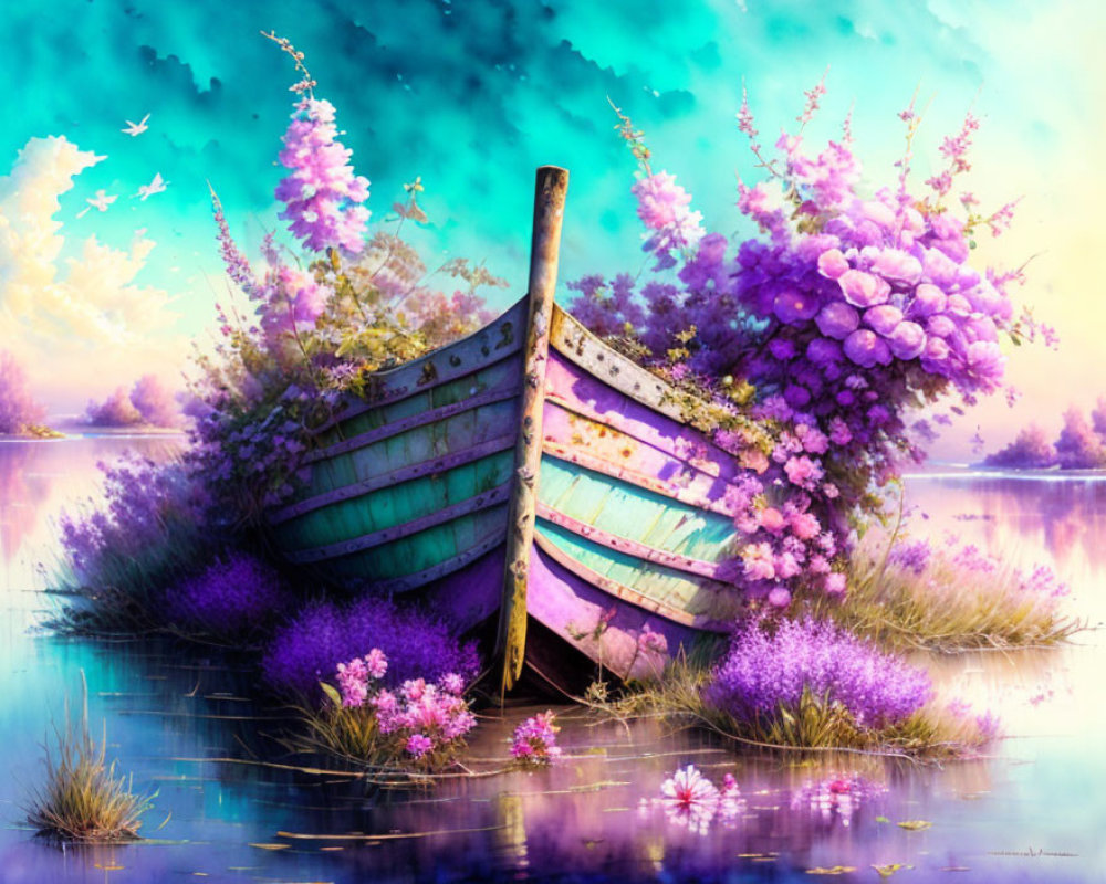 Old Wooden Boat Surrounded by Purple Flowers and Water