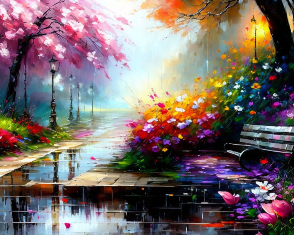 Vibrant Park Scene with Cherry Blossoms and Flowers