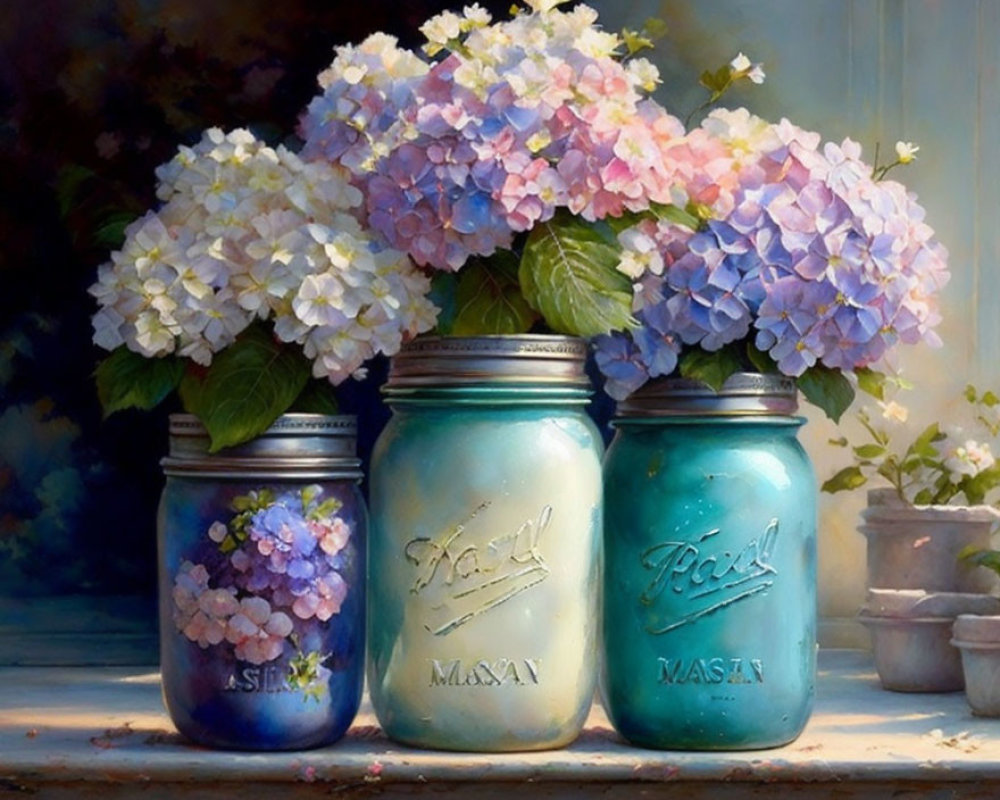 Vibrant Hydrangea Flowers in Decorative Glass Jars