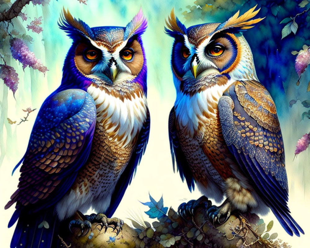 Majestic Owls on Branch in Vibrant Forest Setting