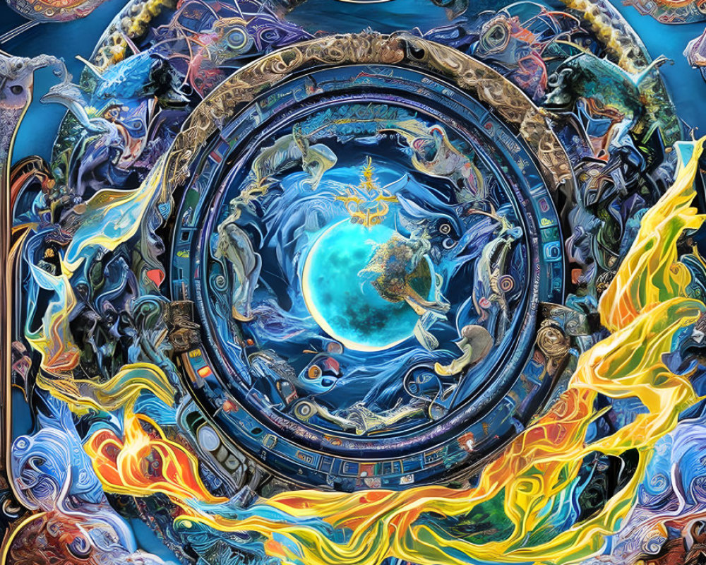 Colorful cosmic painting depicting Earth's evolution and celestial elements
