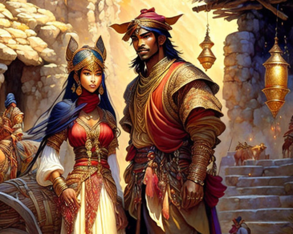 Regal couple in eastern fantasy attire in desert city backdrop