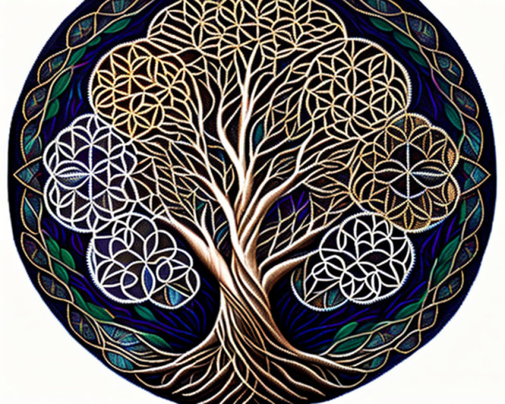 Stylized golden tree with circular leaf patterns on dark background