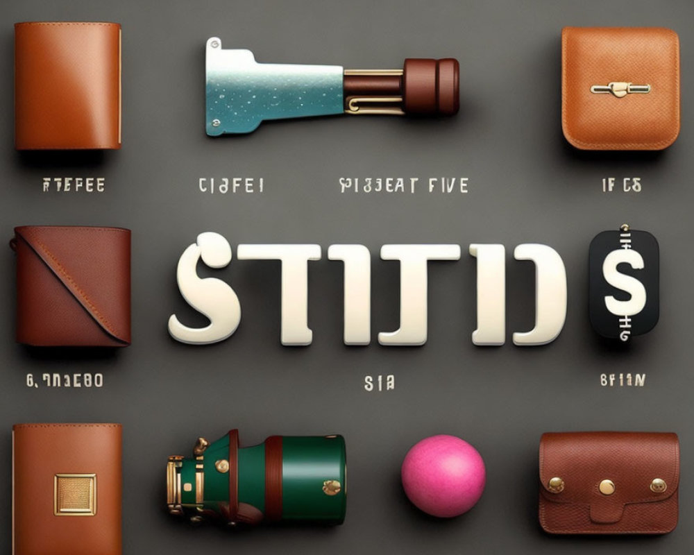 Assorted items with wallets, telescope, bag, and ball alongside stylized text elements.