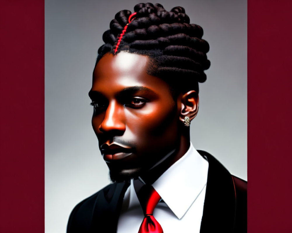 Stylized portrait of a man in suit with red tie and earring on red gradient background