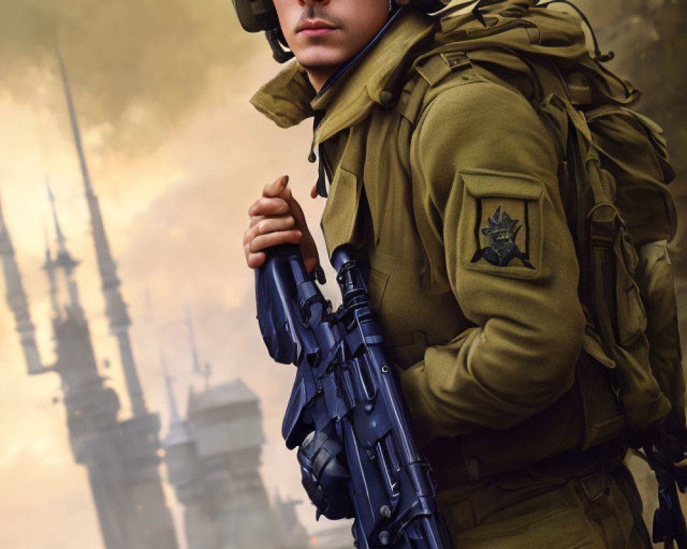 Military soldier in green uniform and helmet with rifle and backpack in front of hazy silhouetted