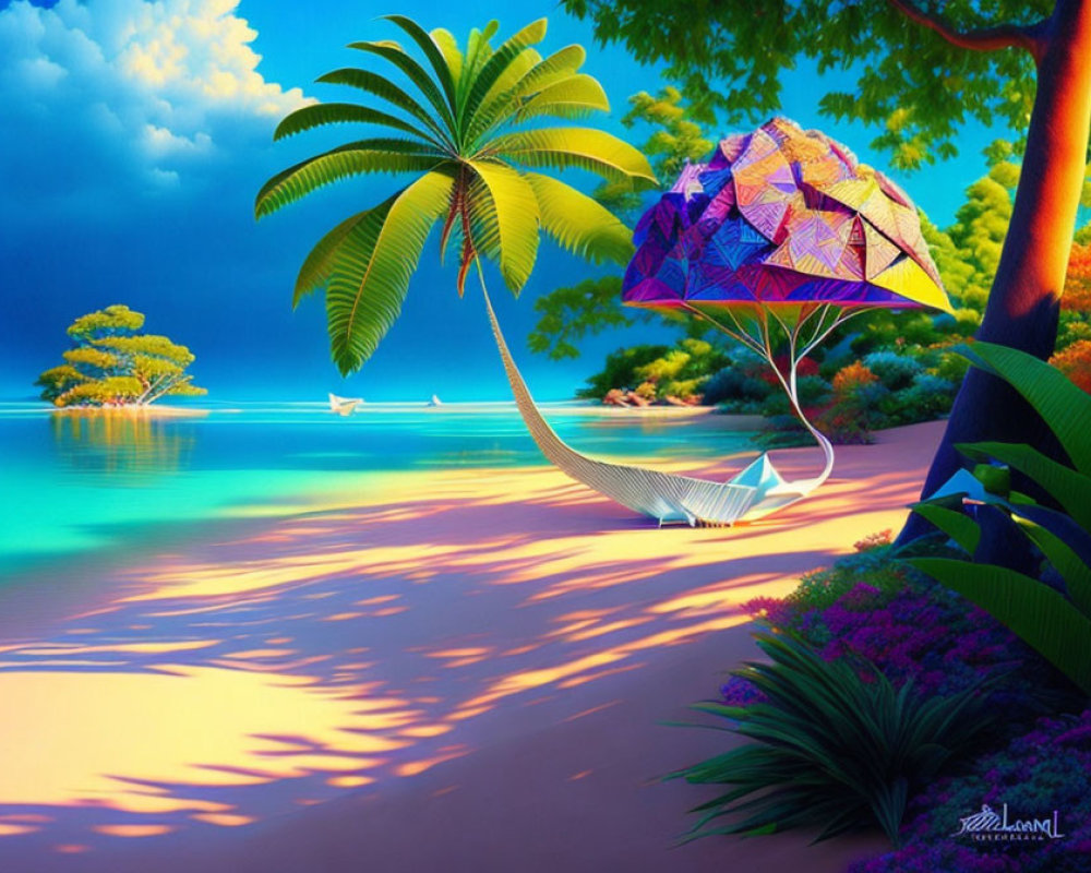 Colorful Beach Scene with Patchwork Umbrella, Hammock, Palm Trees, and Stormy Sky