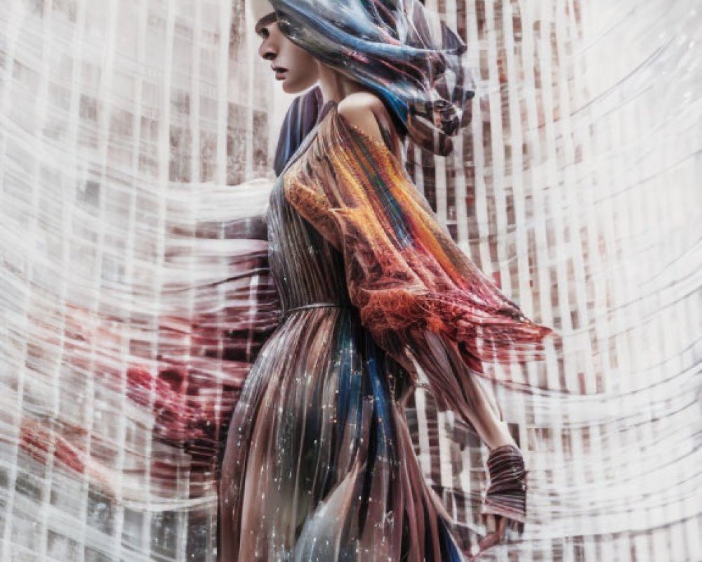 Multicolored dress and headscarf against futuristic backdrop