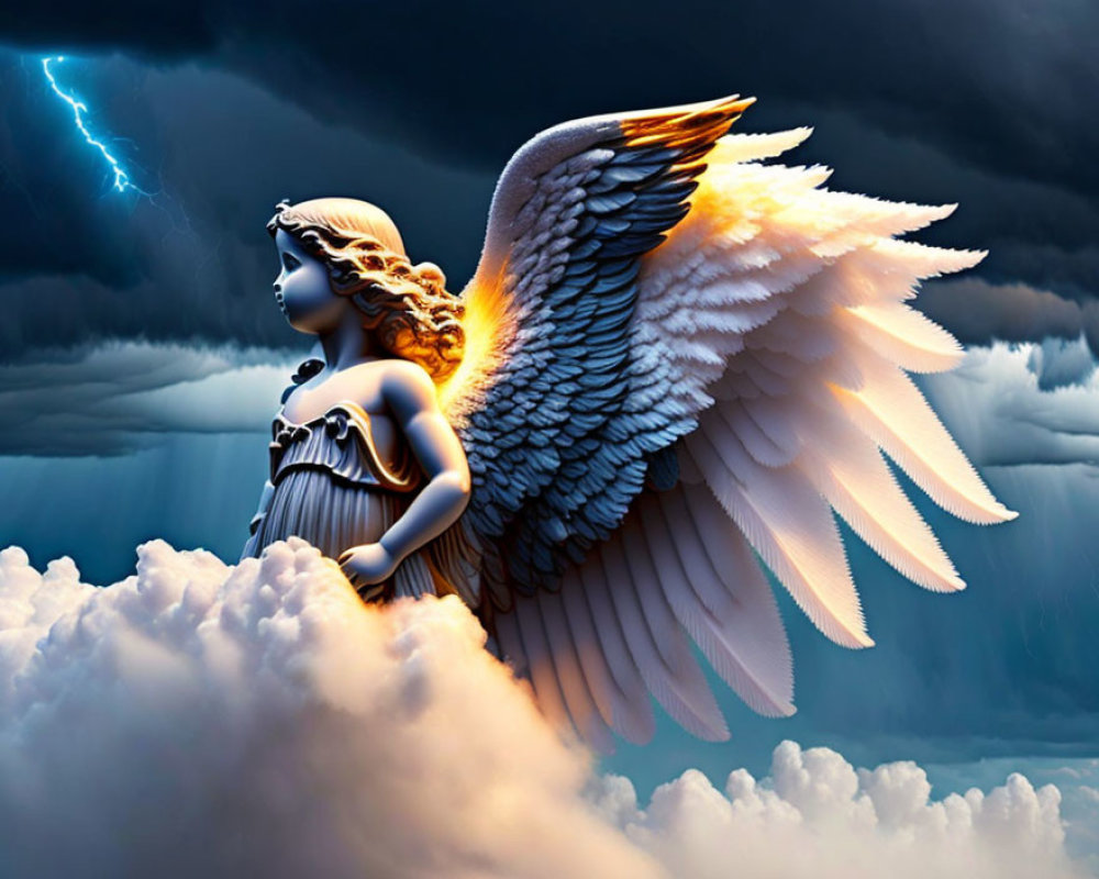 Digital Artwork: Angel with White Wings on Cloud in Stormy Sky