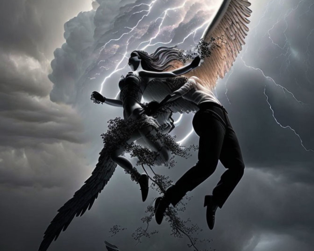 Mythical winged figure with lyre in dramatic sky surrounded by birds and dark clouds