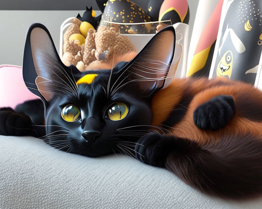 Realistic 3D digital artwork of a black cat with yellow eyes lounging indoors