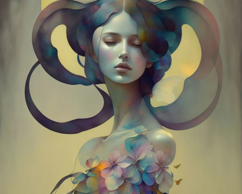 Illustration of woman with butterfly wings and floating petals.