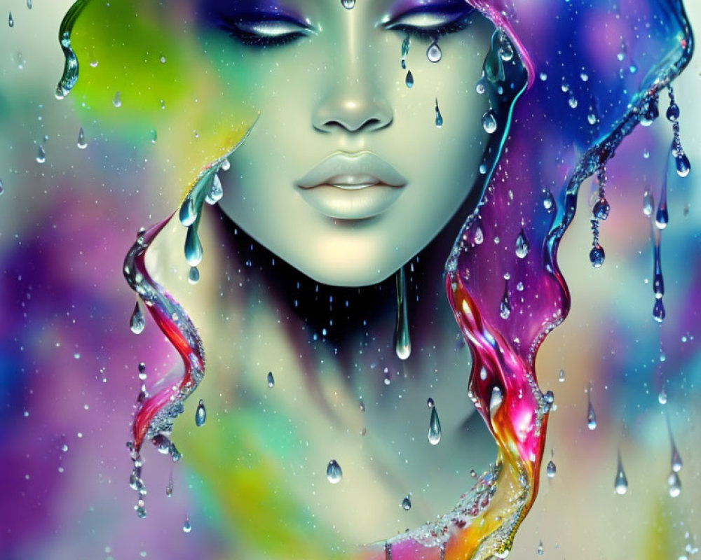 Colorful digital artwork: Woman's face with closed eyes, liquid-like streaks, and bokeh