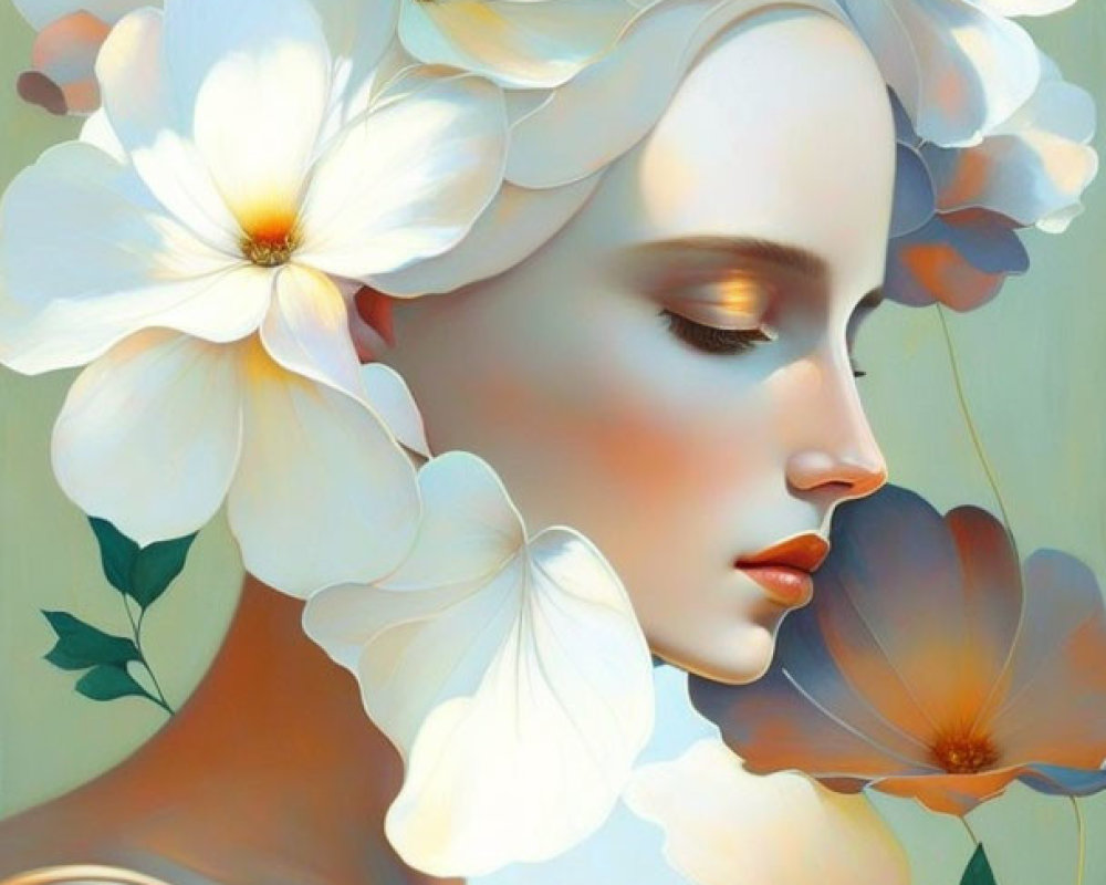Profile of a serene woman with delicate white flowers on soft pastel background