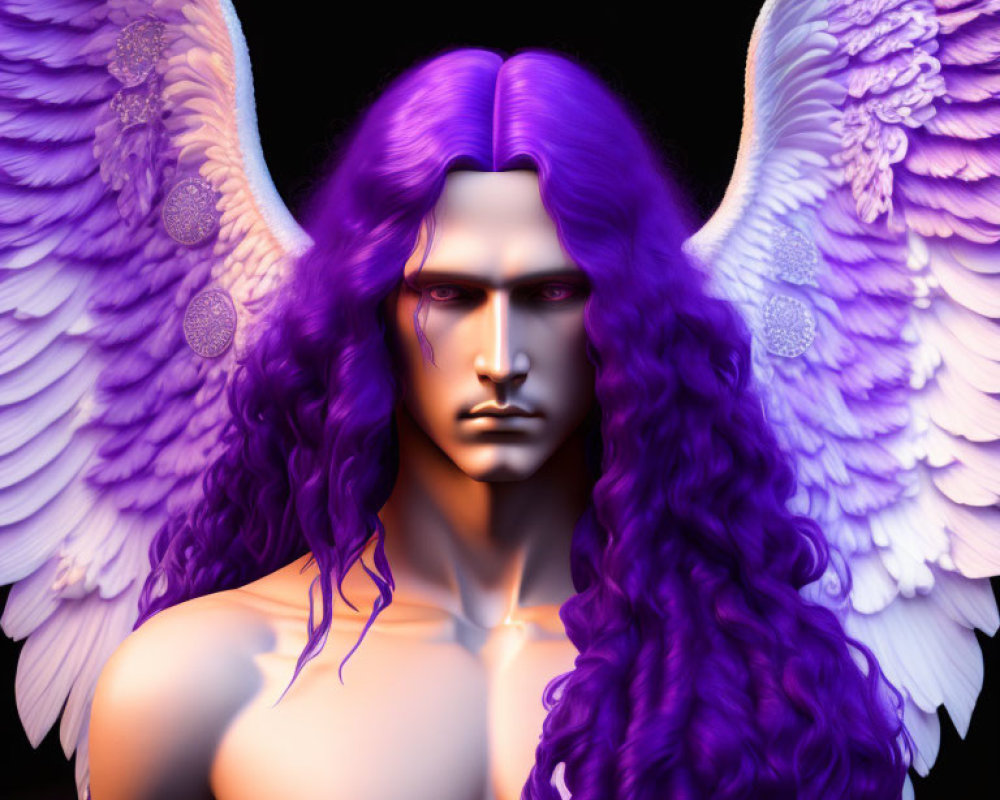 Character with Purple Hair and White Wings in 3D Rendered Image