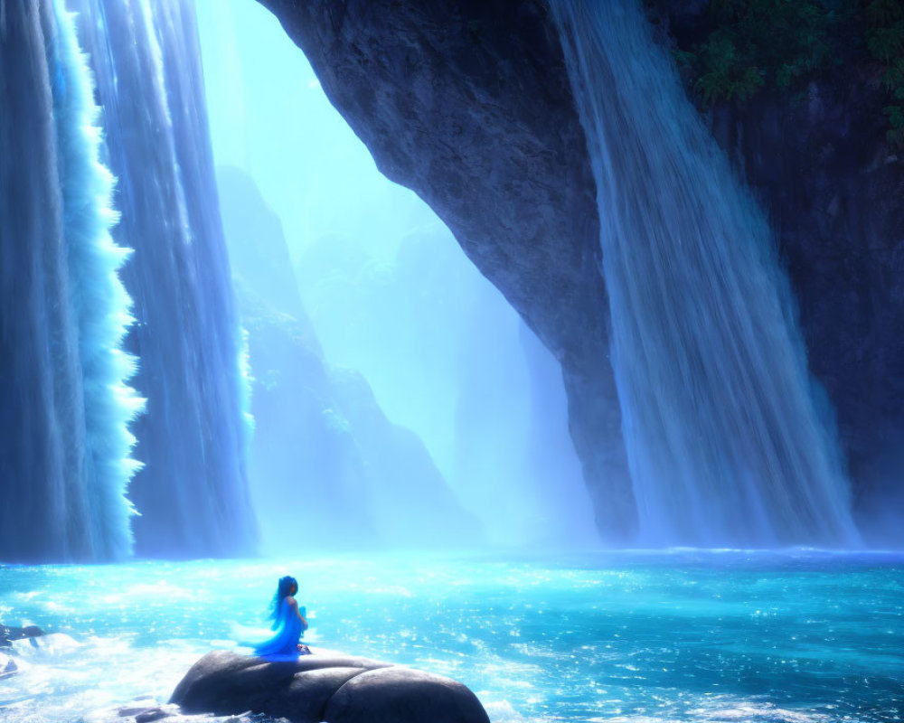 Person sitting on rock admiring majestic waterfall and blue pool surrounded by cliffs and foliage
