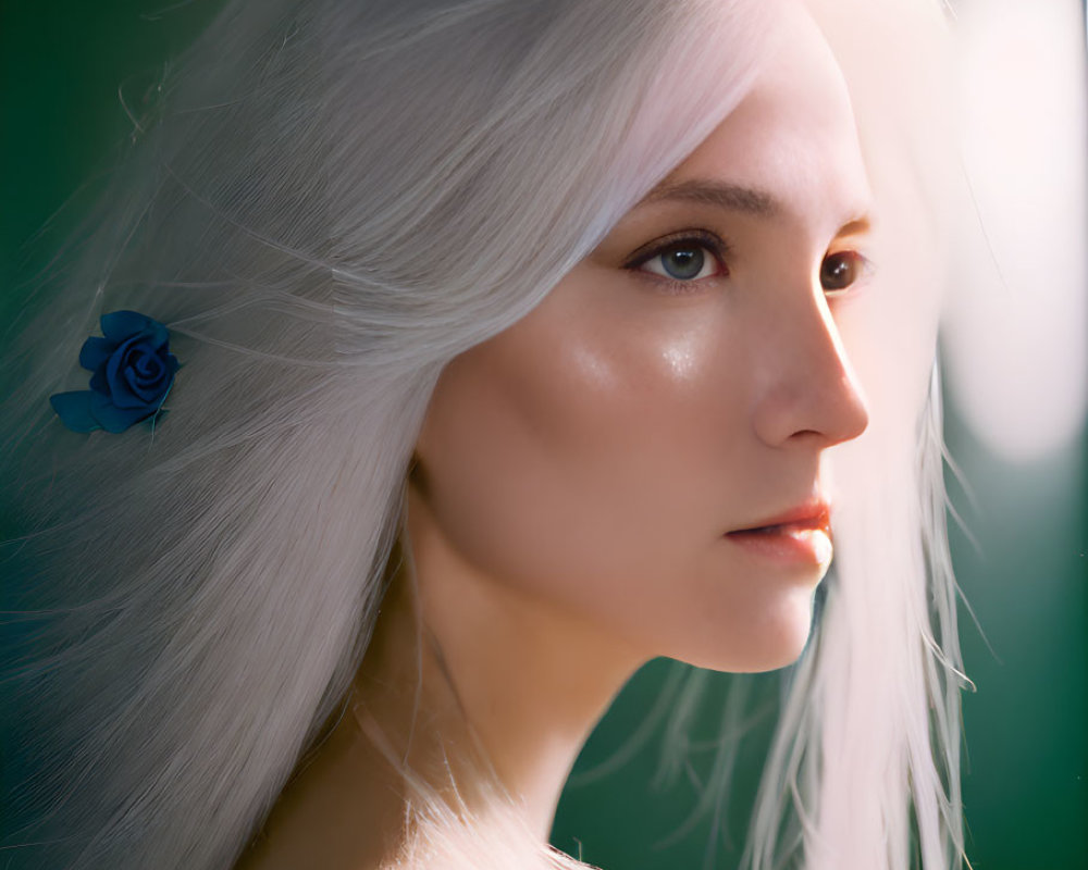 Long-haired woman with blue rose accessory in soft lighting against green backdrop
