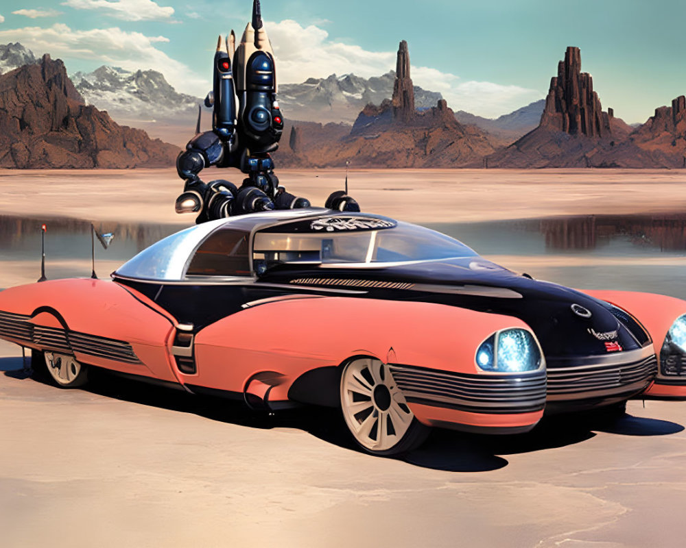 Futuristic Pink and Black Car in Desert Landscape