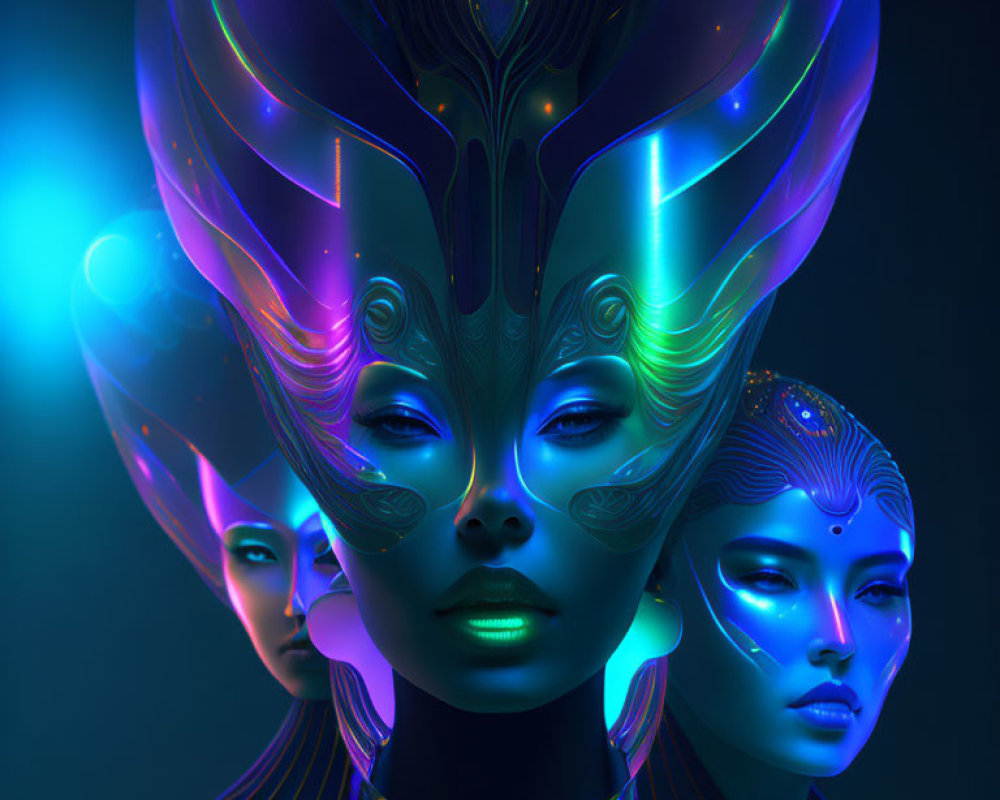 Futuristic Figures with Glowing Headpieces in Dark Setting