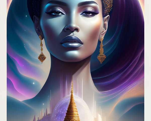 Ethereal Woman with Cosmic Background and Temple Structure