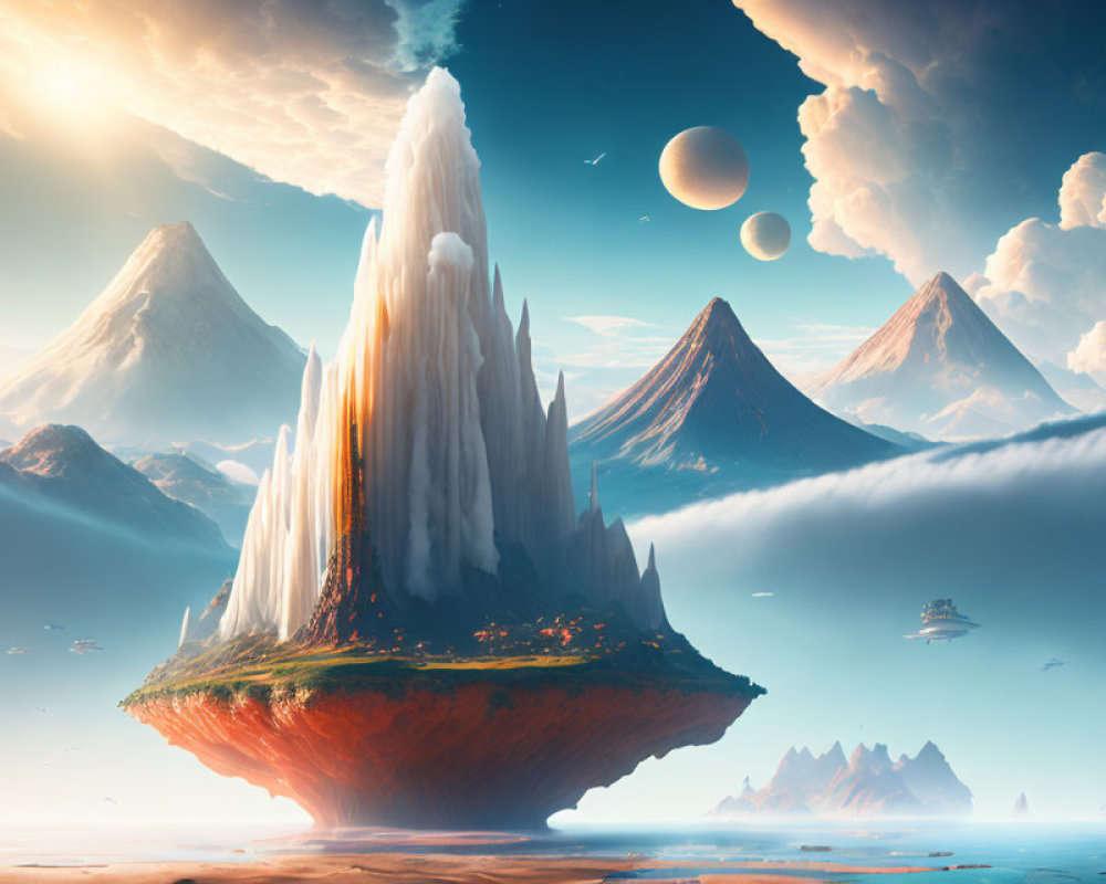 Icy Mountain on Floating Island Under Distant Planets