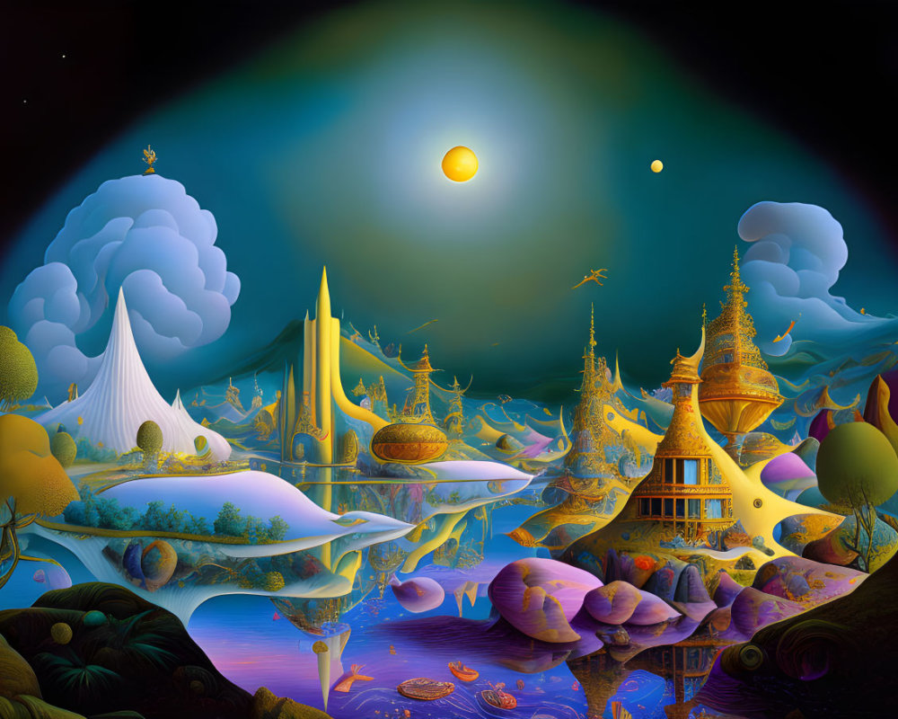 Surreal Landscape with Whimsical Structures and Reflections
