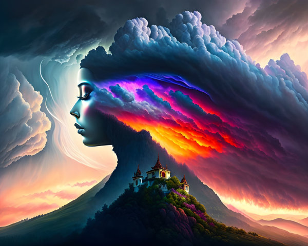 Surreal Landscape with Woman's Profile and Temple