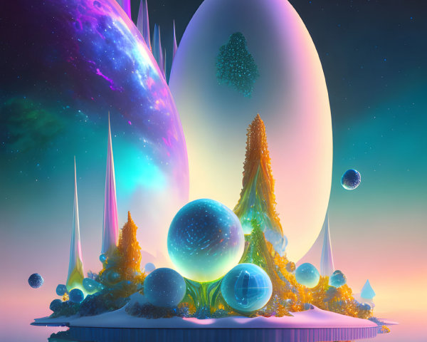 Alien Landscape with Luminous Egg and Colorful Planets