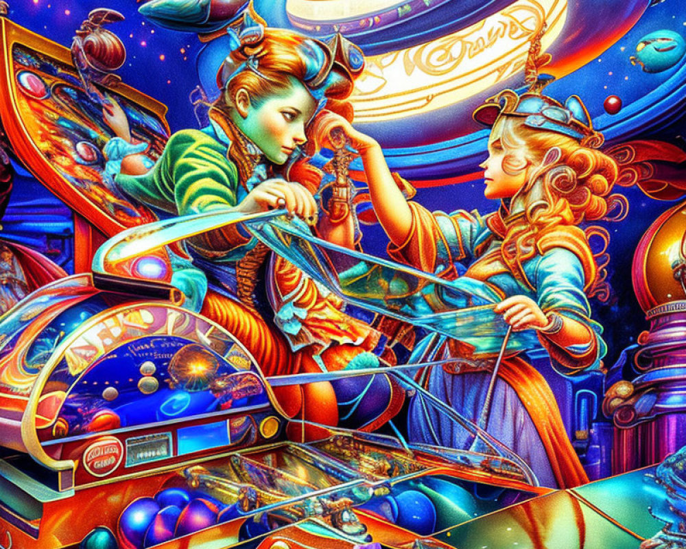 Elegant Women in Cosmic-Themed Arcade Scene