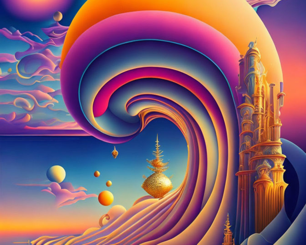 Surreal Landscape with Colorful Wave and Cityscape