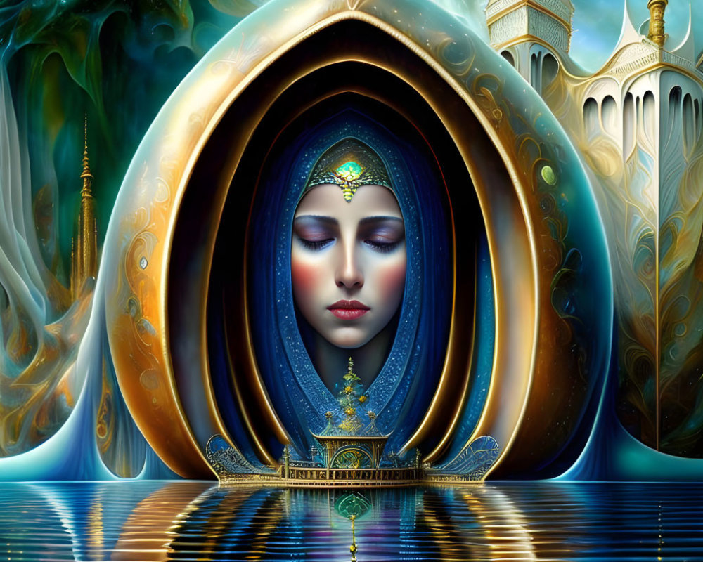 Serene Figure Surrounded by Vibrant Colors and Water